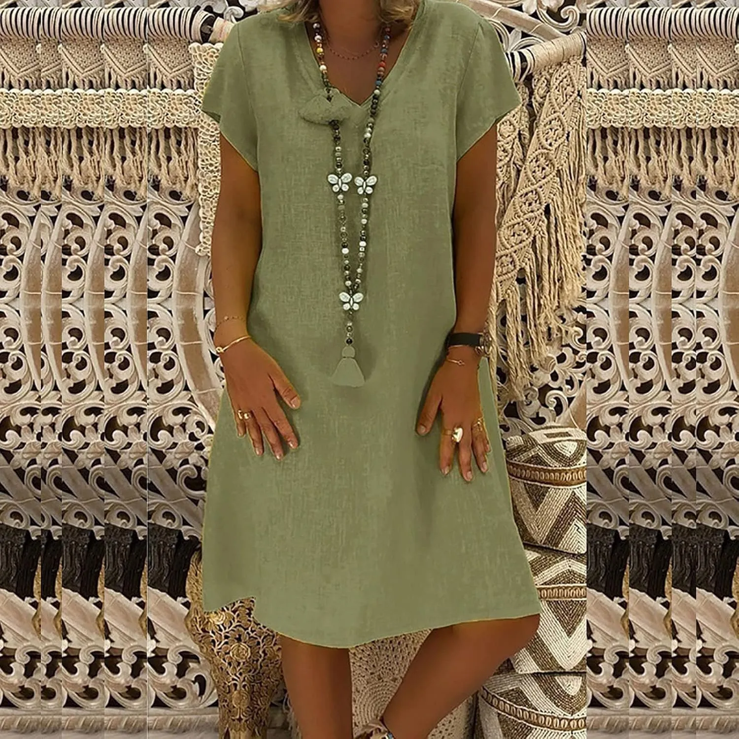Women Cotton Linen Short Dress Plain V Neck Casual Dresses Short Sleeve Shift Dress Cute Travel Clothes Summer Outfits