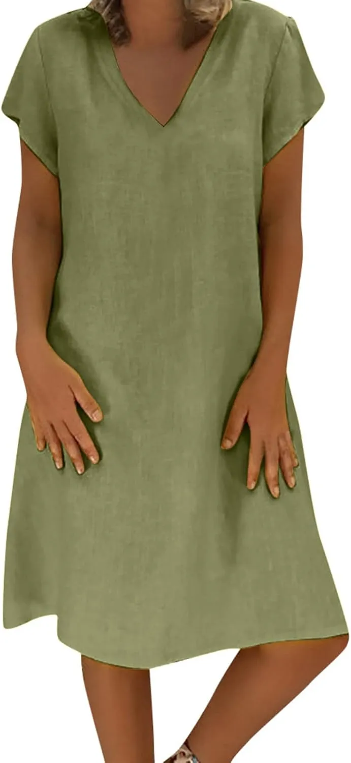 Women Cotton Linen Short Dress Plain V Neck Casual Dresses Short Sleeve Shift Dress Cute Travel Clothes Summer Outfits