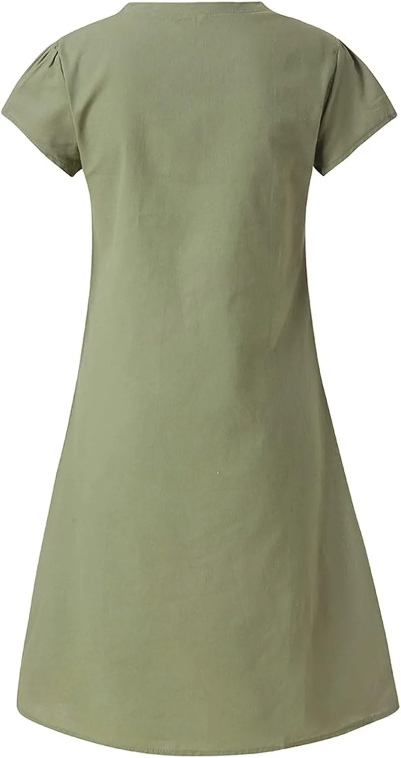Women Cotton Linen Short Dress Plain V Neck Casual Dresses Short Sleeve Shift Dress Cute Travel Clothes Summer Outfits