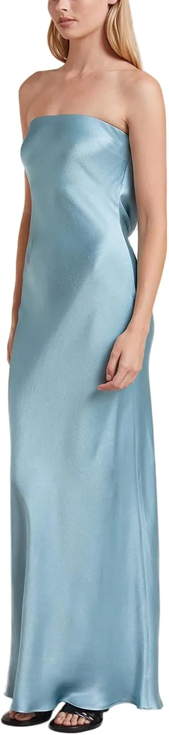 Women Elegant Tube Top Strapless Long Dress Open Back Satin Party Cocktail Bodycon Dress