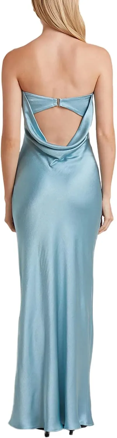 Women Elegant Tube Top Strapless Long Dress Open Back Satin Party Cocktail Bodycon Dress