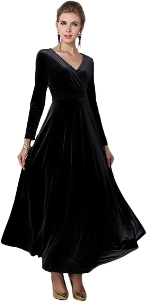 Women Elegant Velvet Long Dress Evening Party Dancing Dress Christmas Maxi Dress