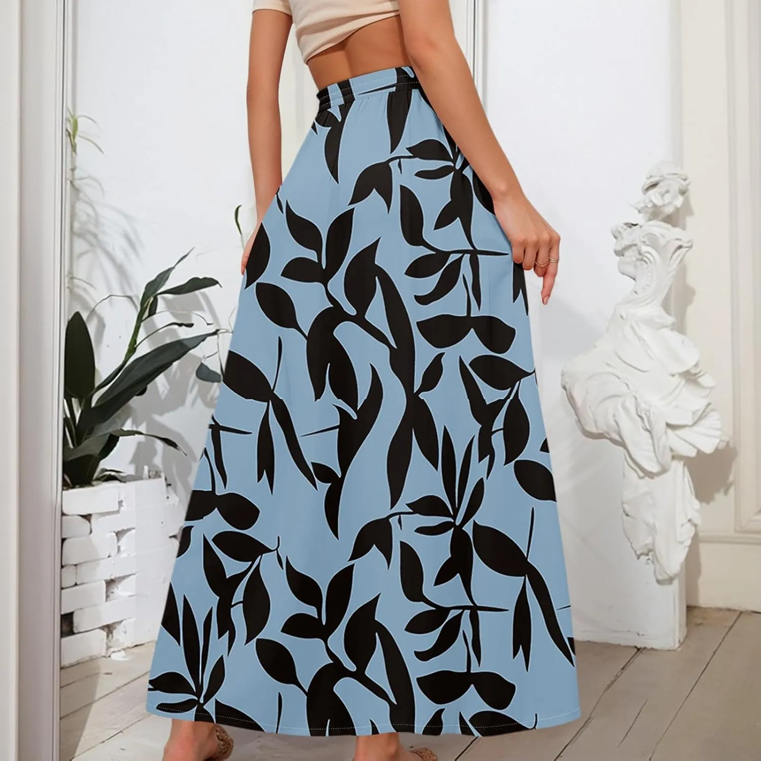 Women Floral Skirt A Line Pleated Flowy Midi Skirts with Pockets Drawstring Casual Elastic High Waisted Boho Beach Dress