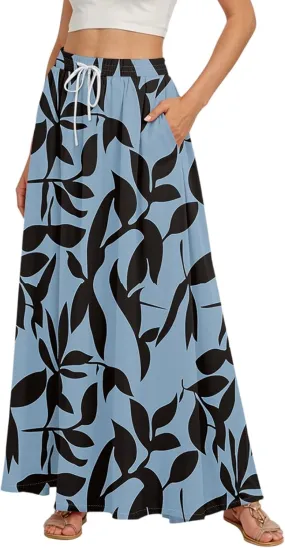 Women Floral Skirt A Line Pleated Flowy Midi Skirts with Pockets Drawstring Casual Elastic High Waisted Boho Beach Dress