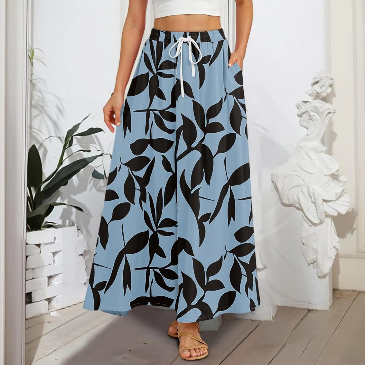 Women Floral Skirt A Line Pleated Flowy Midi Skirts with Pockets Drawstring Casual Elastic High Waisted Boho Beach Dress