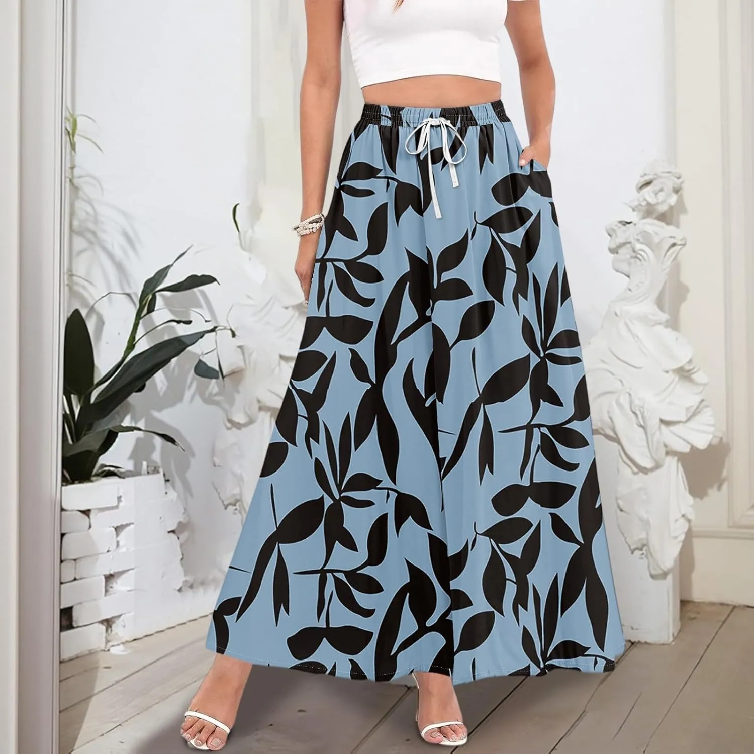 Women Floral Skirt A Line Pleated Flowy Midi Skirts with Pockets Drawstring Casual Elastic High Waisted Boho Beach Dress