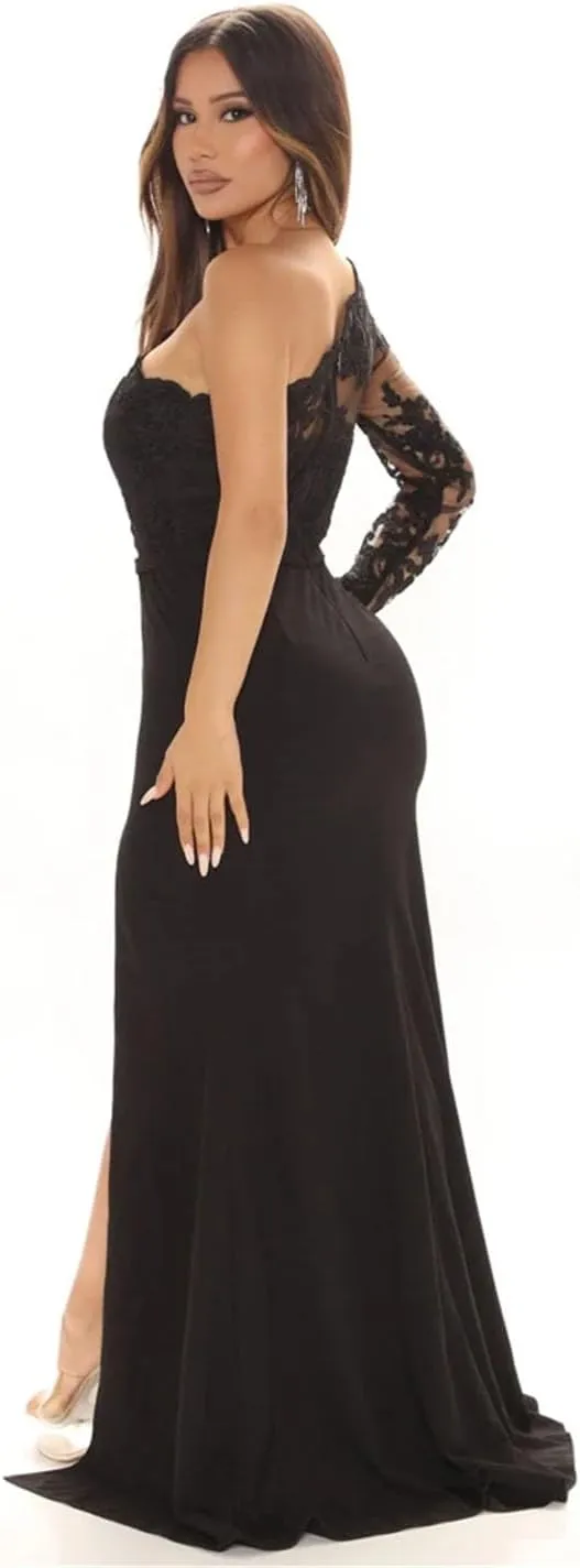 Women Sexy Elegant One Asymmetrical Shoulder Long Lace Dress