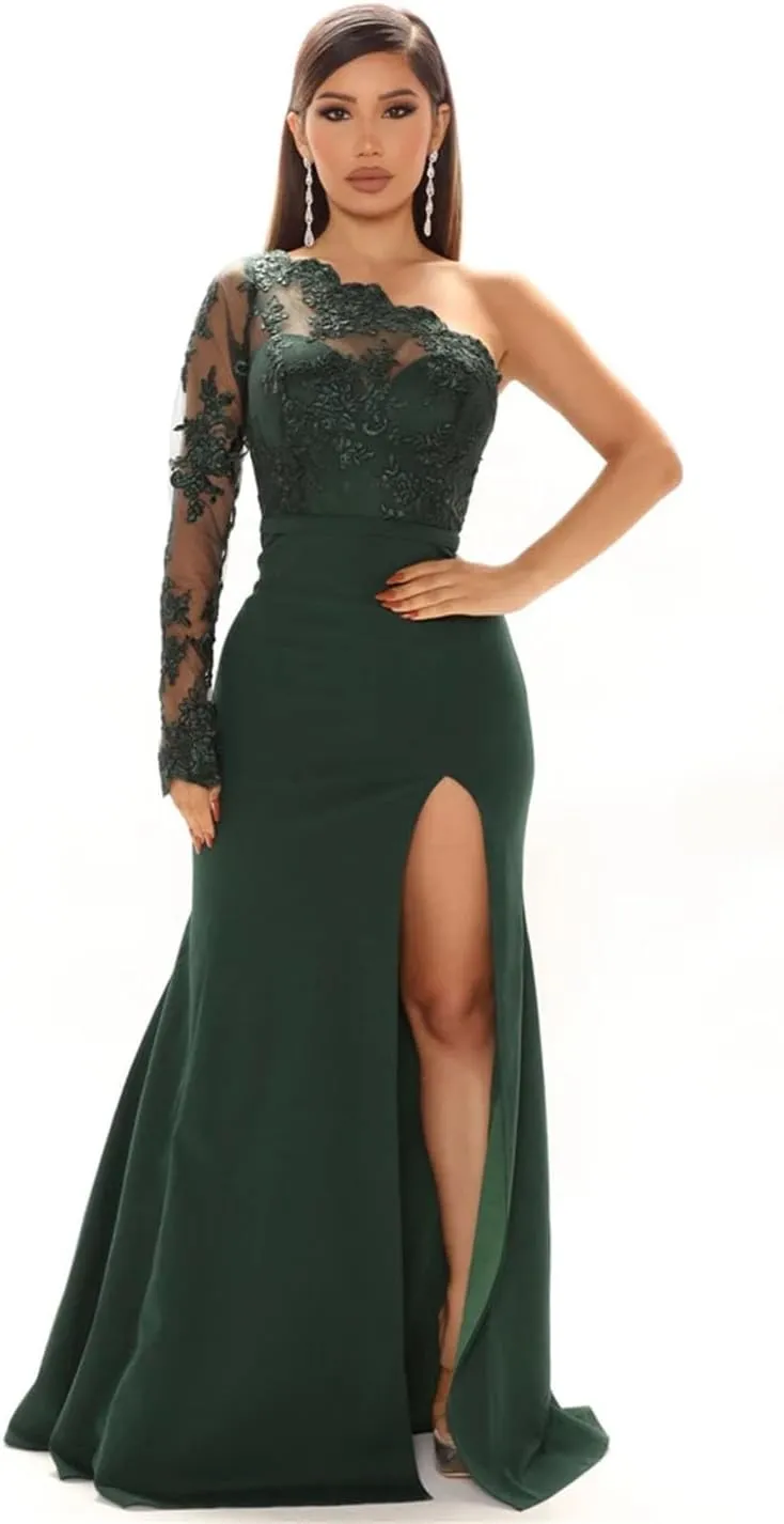 Women Sexy Elegant One Asymmetrical Shoulder Long Lace Dress