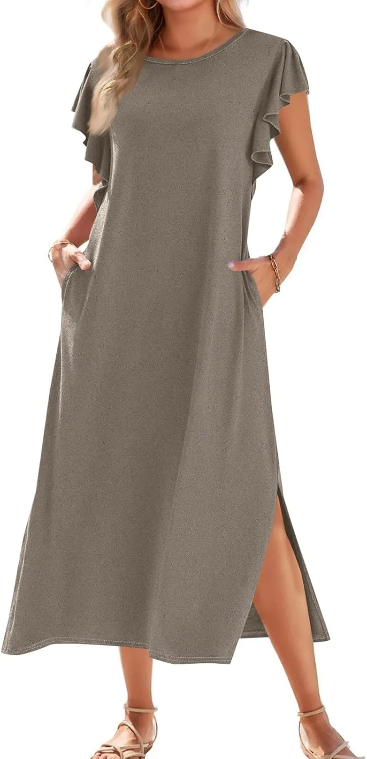 Women Summer Casual Ruffle Sleeve Loose Sundress Round Neck Split Long Maxi Beach Dress with Pockets