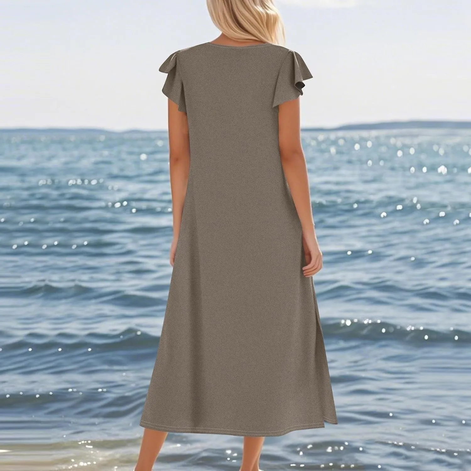 Women Summer Casual Ruffle Sleeve Loose Sundress Round Neck Split Long Maxi Beach Dress with Pockets