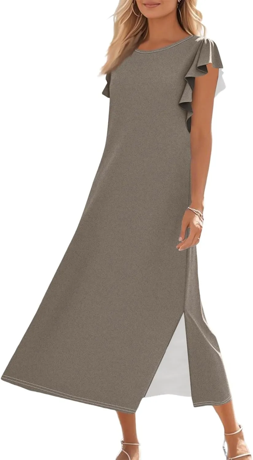 Women Summer Casual Ruffle Sleeve Loose Sundress Round Neck Split Long Maxi Beach Dress with Pockets