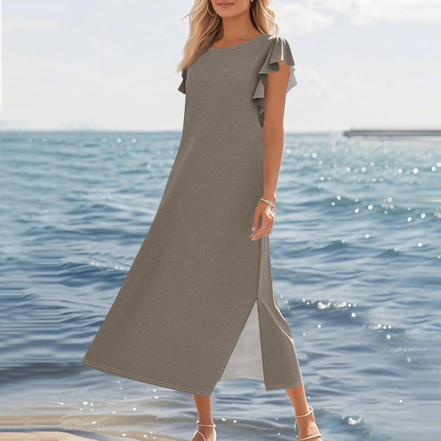 Women Summer Casual Ruffle Sleeve Loose Sundress Round Neck Split Long Maxi Beach Dress with Pockets