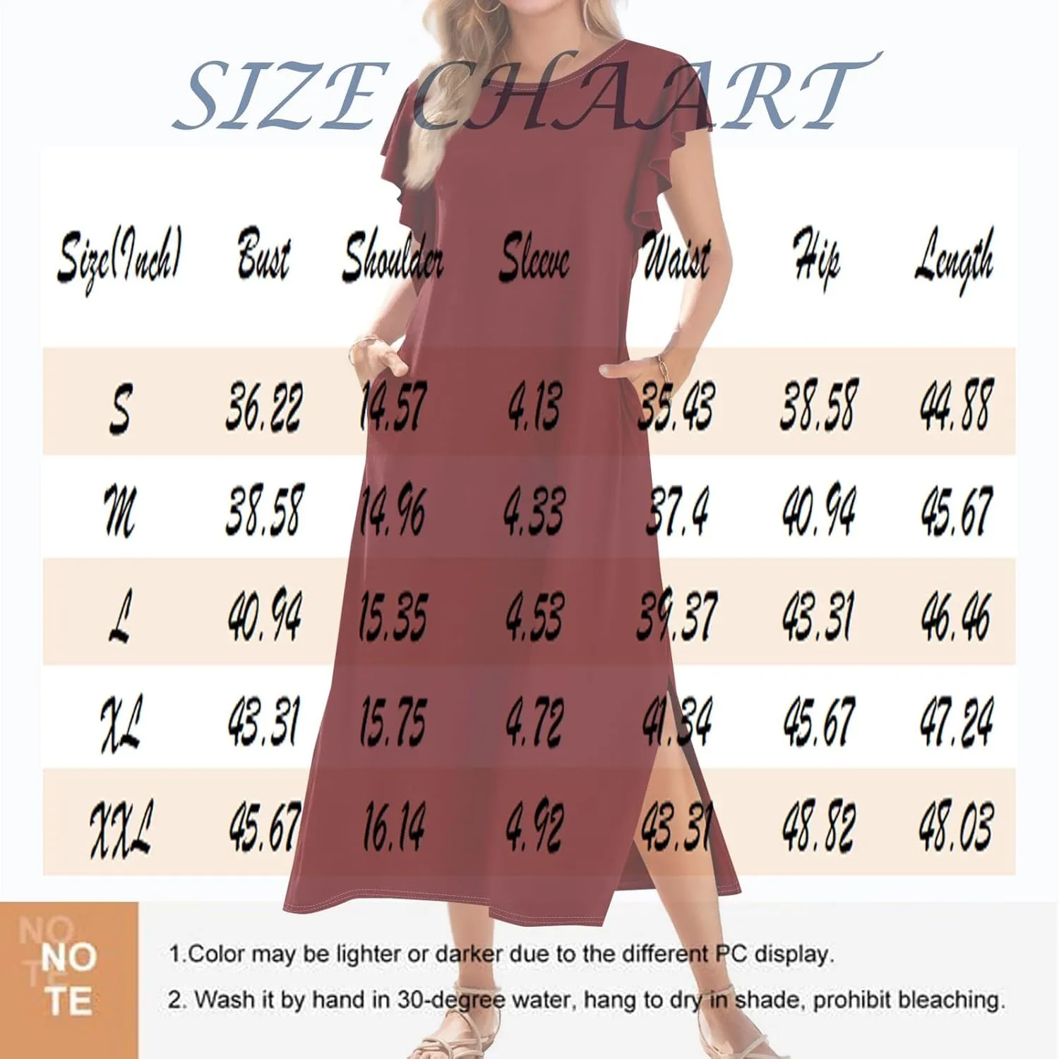 Women Summer Casual Ruffle Sleeve Loose Sundress Round Neck Split Long Maxi Beach Dress with Pockets