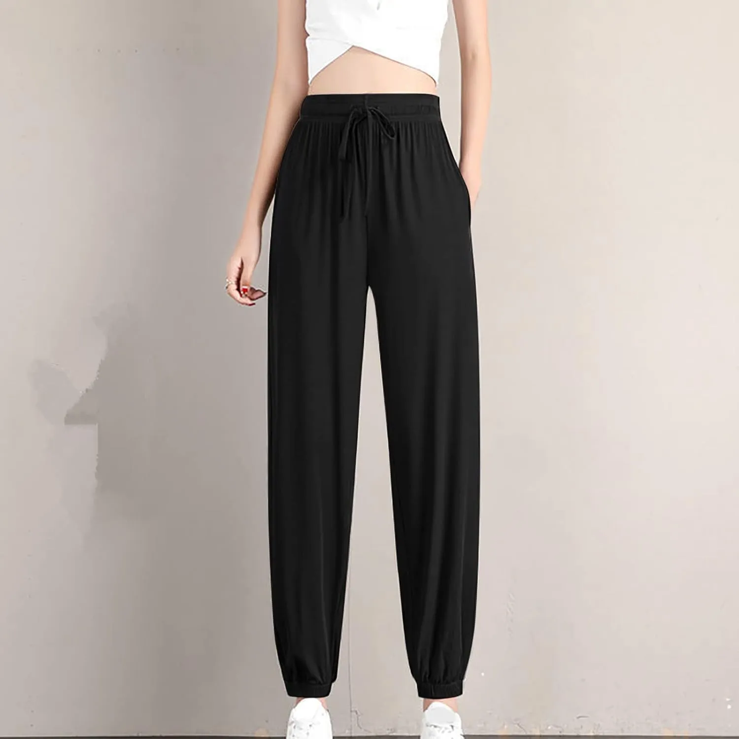 Women Summer Ice Silk Pants Drawstring High Waist Bundle Feet Jogger Soft Lightweight Hiking Sweatpants with Pockets
