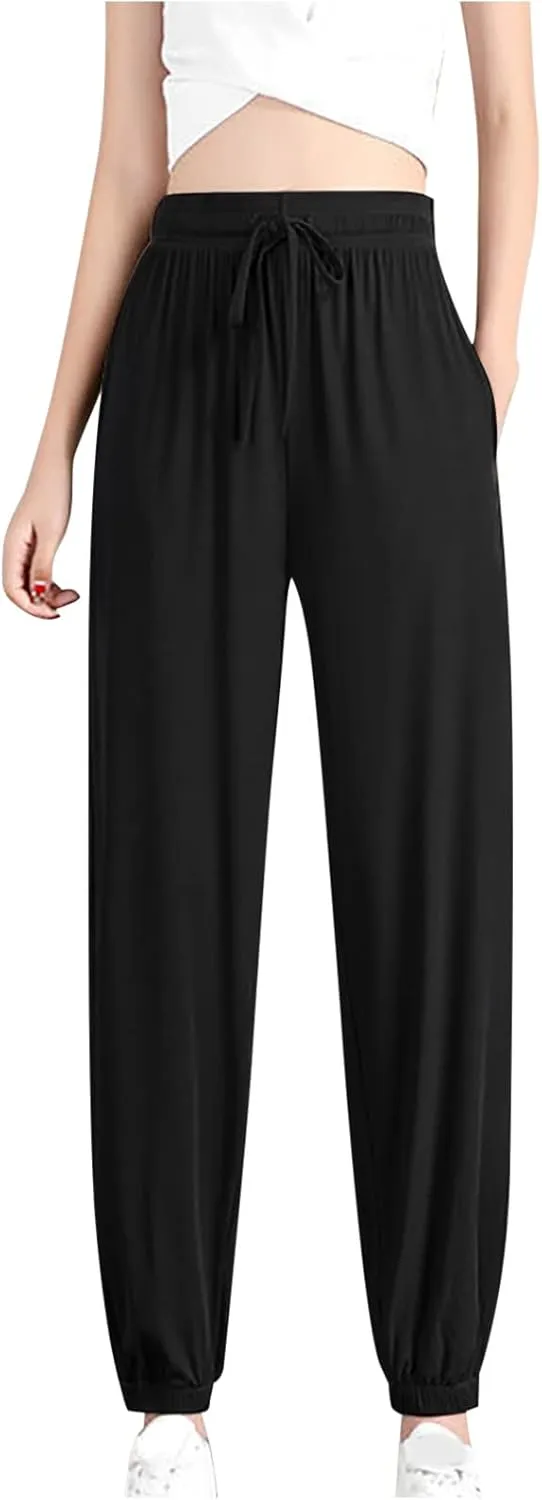 Women Summer Ice Silk Pants Drawstring High Waist Bundle Feet Jogger Soft Lightweight Hiking Sweatpants with Pockets