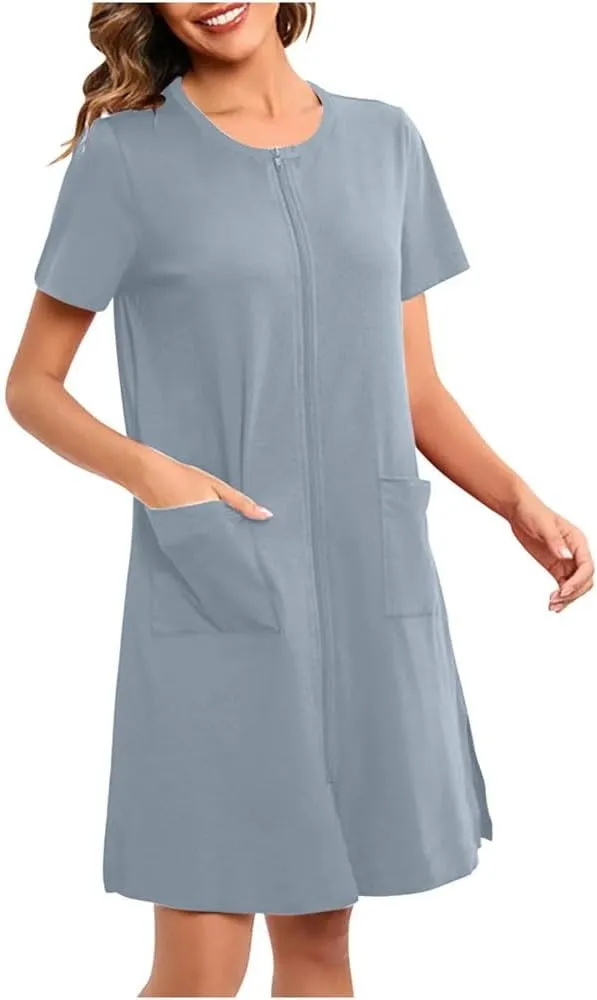 Women Summer Short Sleeve Casual Flowy Dress Solid Color V Neck Short Sleeve Soft Shirt Dress