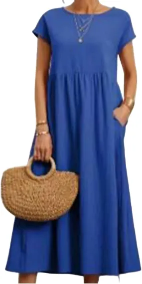 Women Summer Short Sleeve Cotton Linen Casual Pockets Loose Dress Plus Size Crewneck Shirts Elegant Flowy Midi Dress