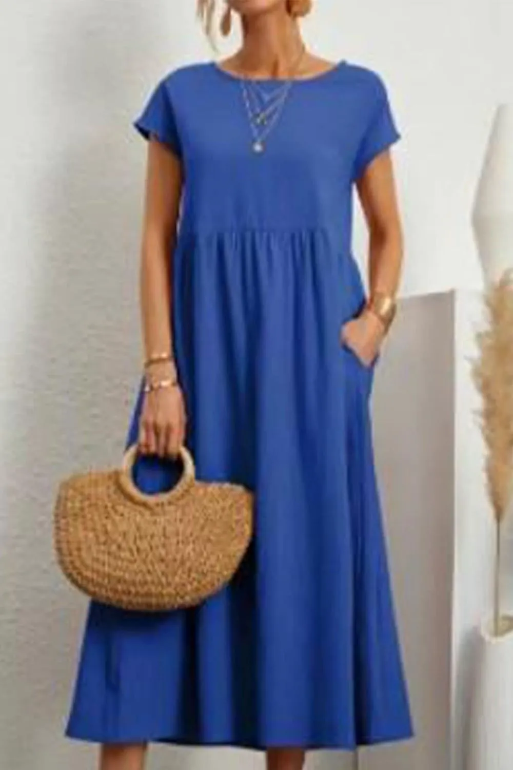 Women Summer Short Sleeve Cotton Linen Casual Pockets Loose Dress Plus Size Crewneck Shirts Elegant Flowy Midi Dress