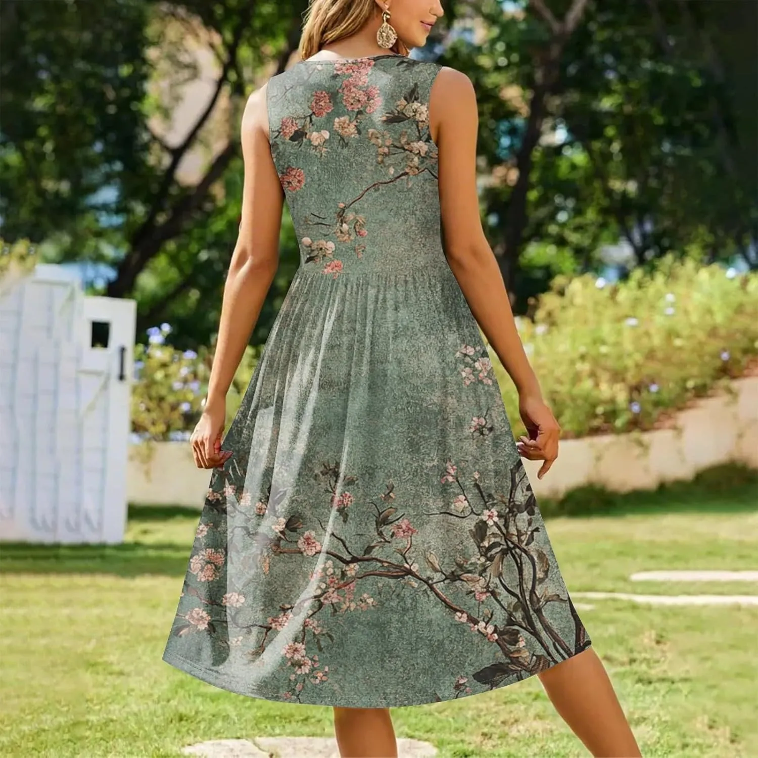 Women Summer Tank Midi Dress Sleeveless A-Line Maxi Dresses Floral Tshirt Dress Flowy Beach Sundress with Pockets
