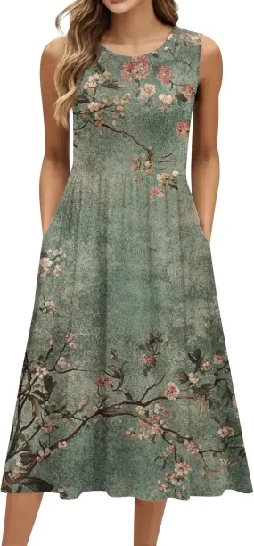 Women Summer Tank Midi Dress Sleeveless A-Line Maxi Dresses Floral Tshirt Dress Flowy Beach Sundress with Pockets