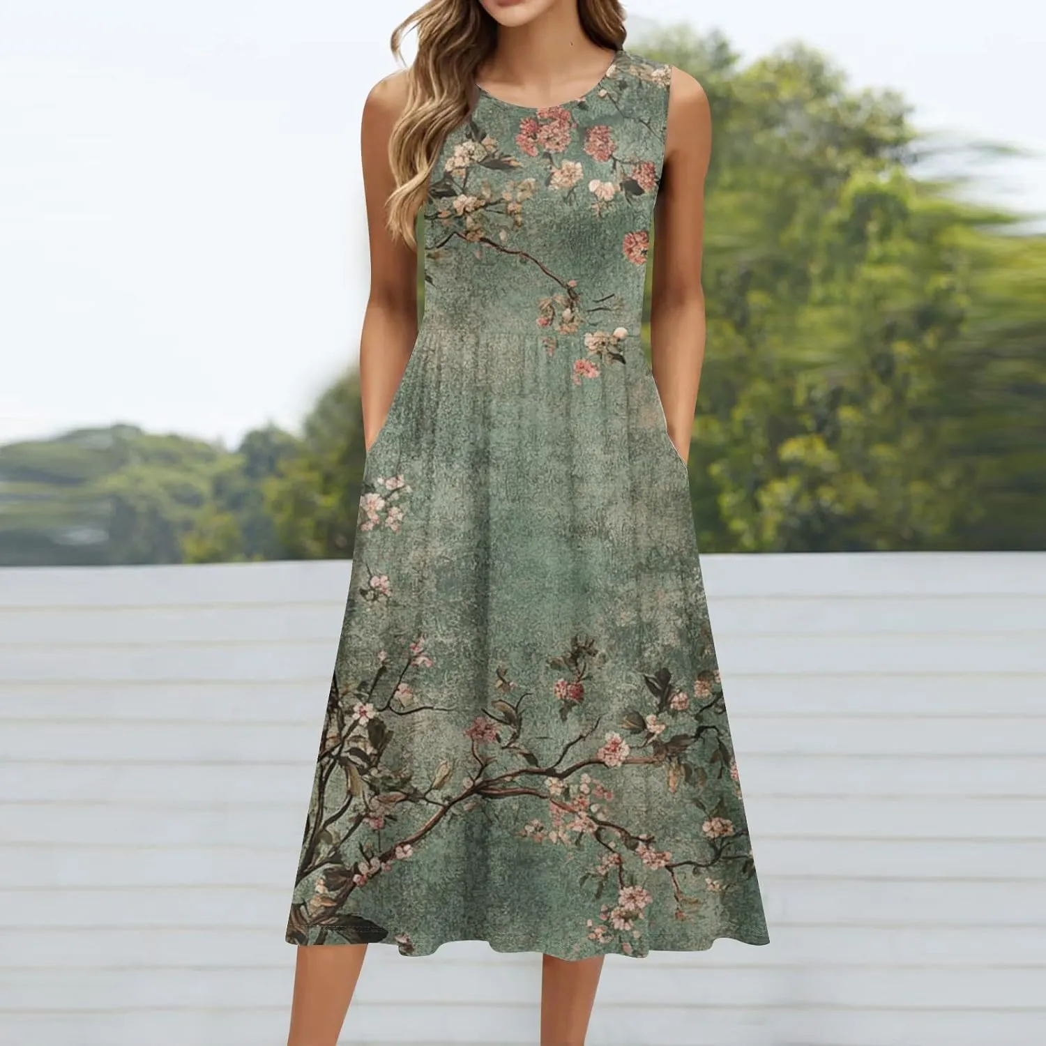 Women Summer Tank Midi Dress Sleeveless A-Line Maxi Dresses Floral Tshirt Dress Flowy Beach Sundress with Pockets