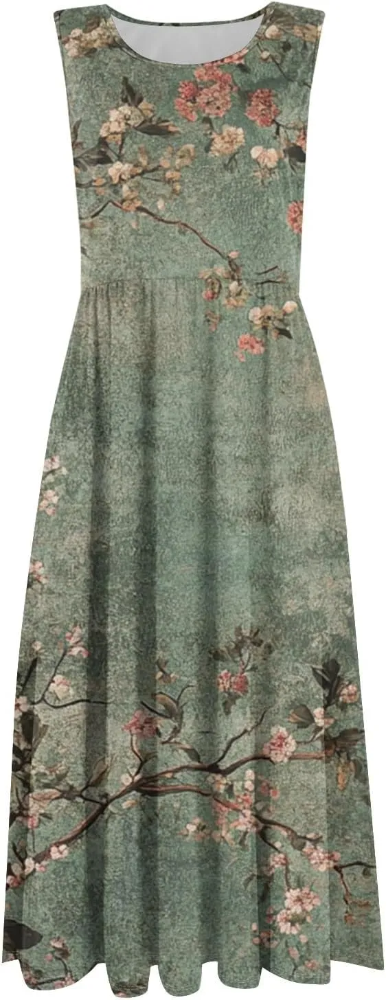 Women Summer Tank Midi Dress Sleeveless A-Line Maxi Dresses Floral Tshirt Dress Flowy Beach Sundress with Pockets