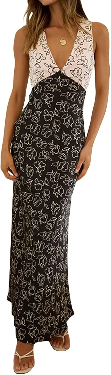 Women Y2k Deep V Neck Maxi Dress Casual Sleeveless Floral Flowy Long Tank Dress Summer Beach Boho Sundress