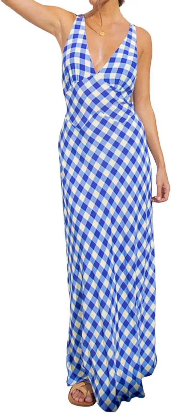 Women Y2k Deep V Neck Maxi Dress Casual Sleeveless Floral Flowy Long Tank Dress Summer Beach Boho Sundress