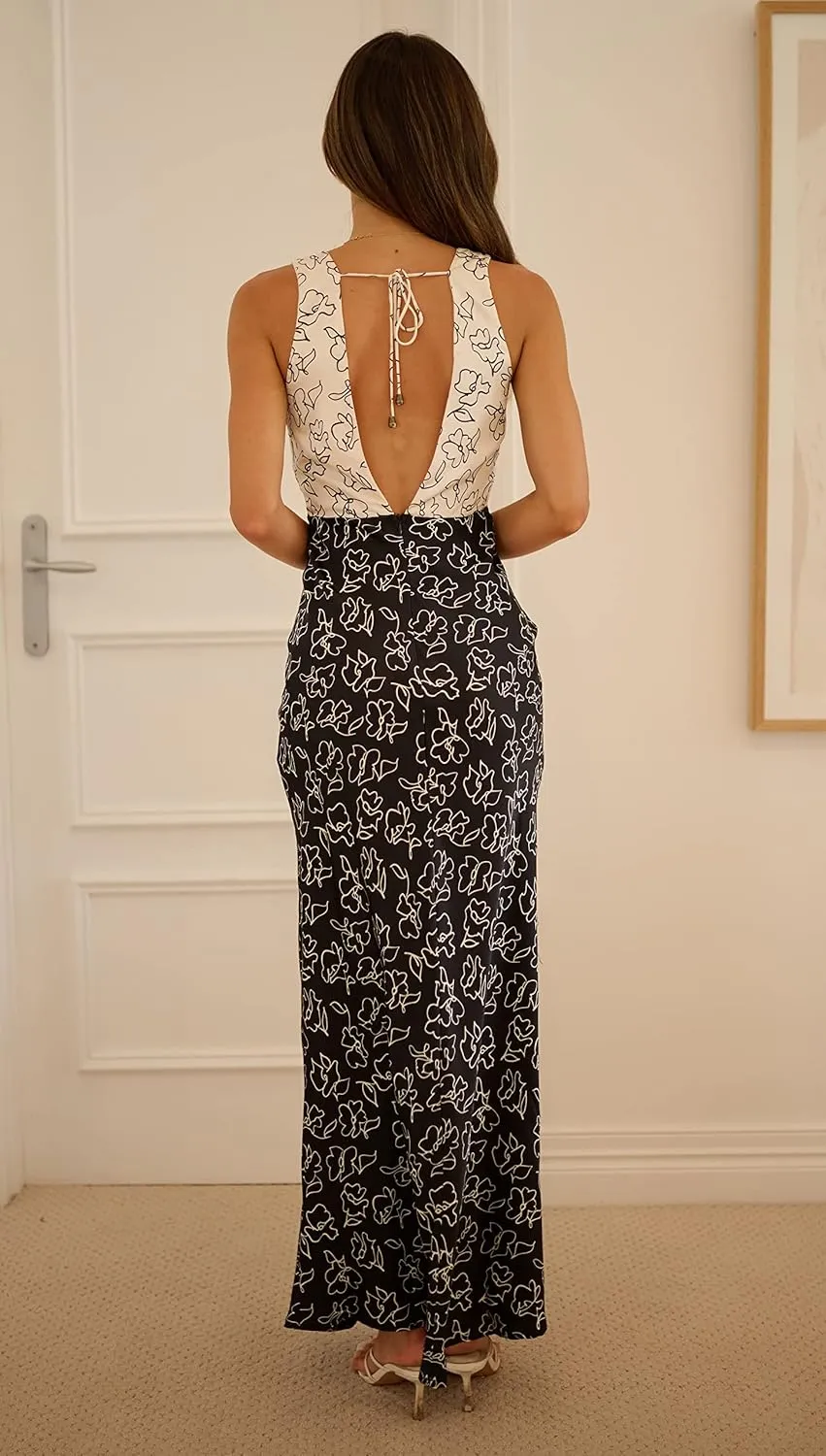 Women Y2k Deep V Neck Maxi Dress Casual Sleeveless Floral Flowy Long Tank Dress Summer Beach Boho Sundress