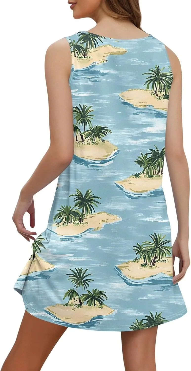 Women's Boho Floral Hawaiian Dresses with Pockets, V-Neck Sleeveless Mini Tank Sundress Summer Beach Cover Ups