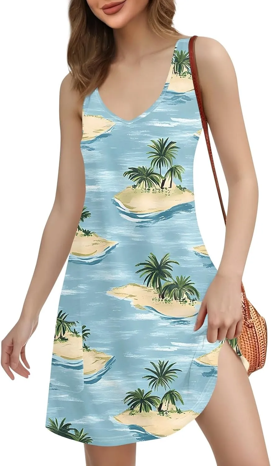 Women's Boho Floral Hawaiian Dresses with Pockets, V-Neck Sleeveless Mini Tank Sundress Summer Beach Cover Ups
