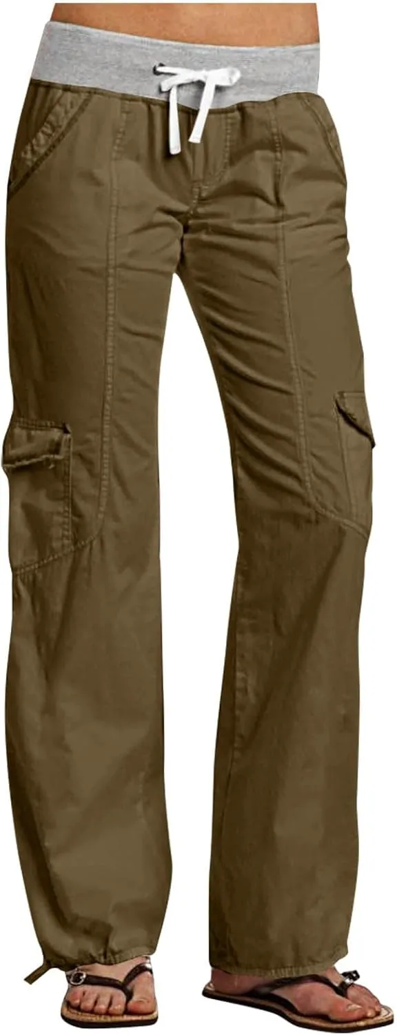 Women's Cargo Pants Soft Lightweight Elastic Waist with Pockets Trousers Athletic Hiking Straight Leg Sweatpants