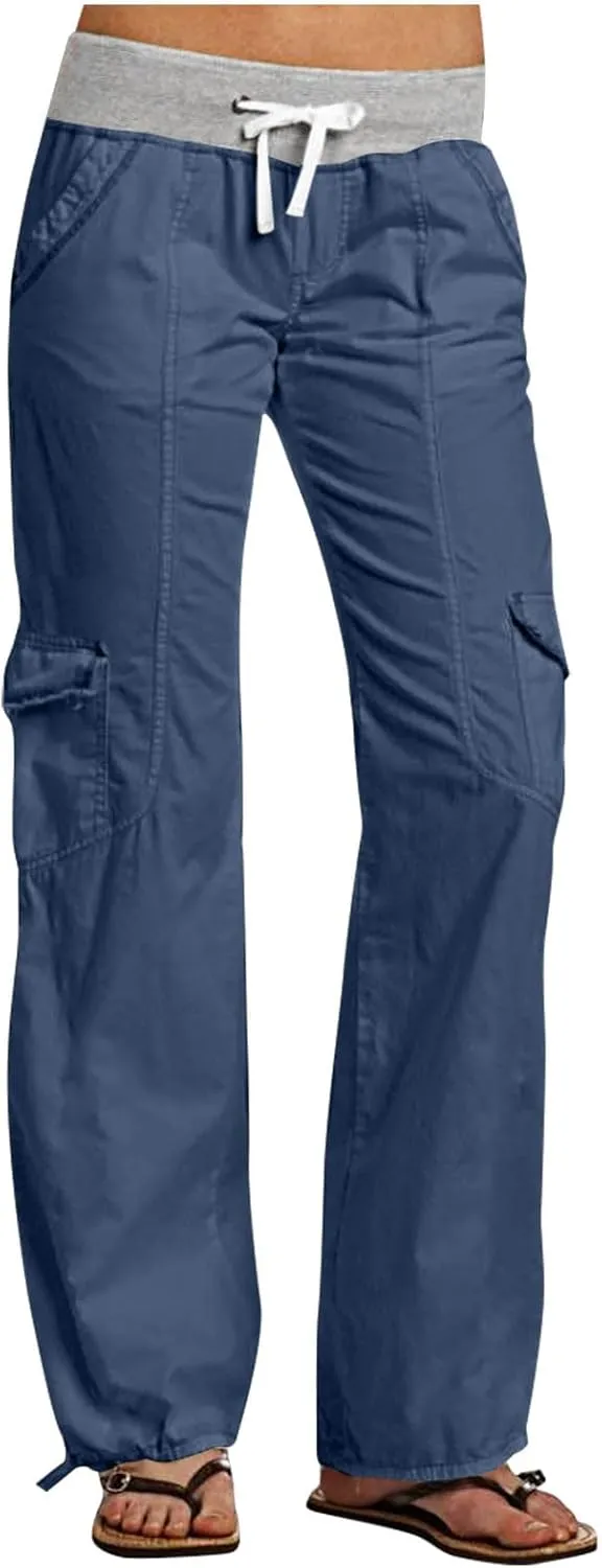 Women's Cargo Pants Soft Lightweight Elastic Waist with Pockets Trousers Athletic Hiking Straight Leg Sweatpants
