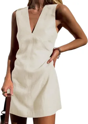 Women's Casual Sleeveless Deep V Neck Tank Tops Summer Beach Mini Dress Cotton Linen Slim Vacation Travel Party Dress