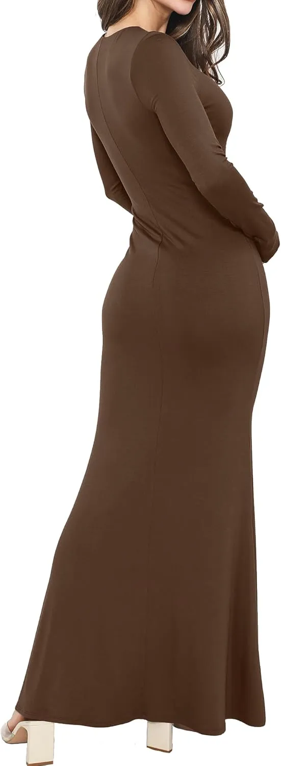 Womens Crew Neck Long Sleeve Maxi Dress Elegant Bodycon Mermaid Long Dress