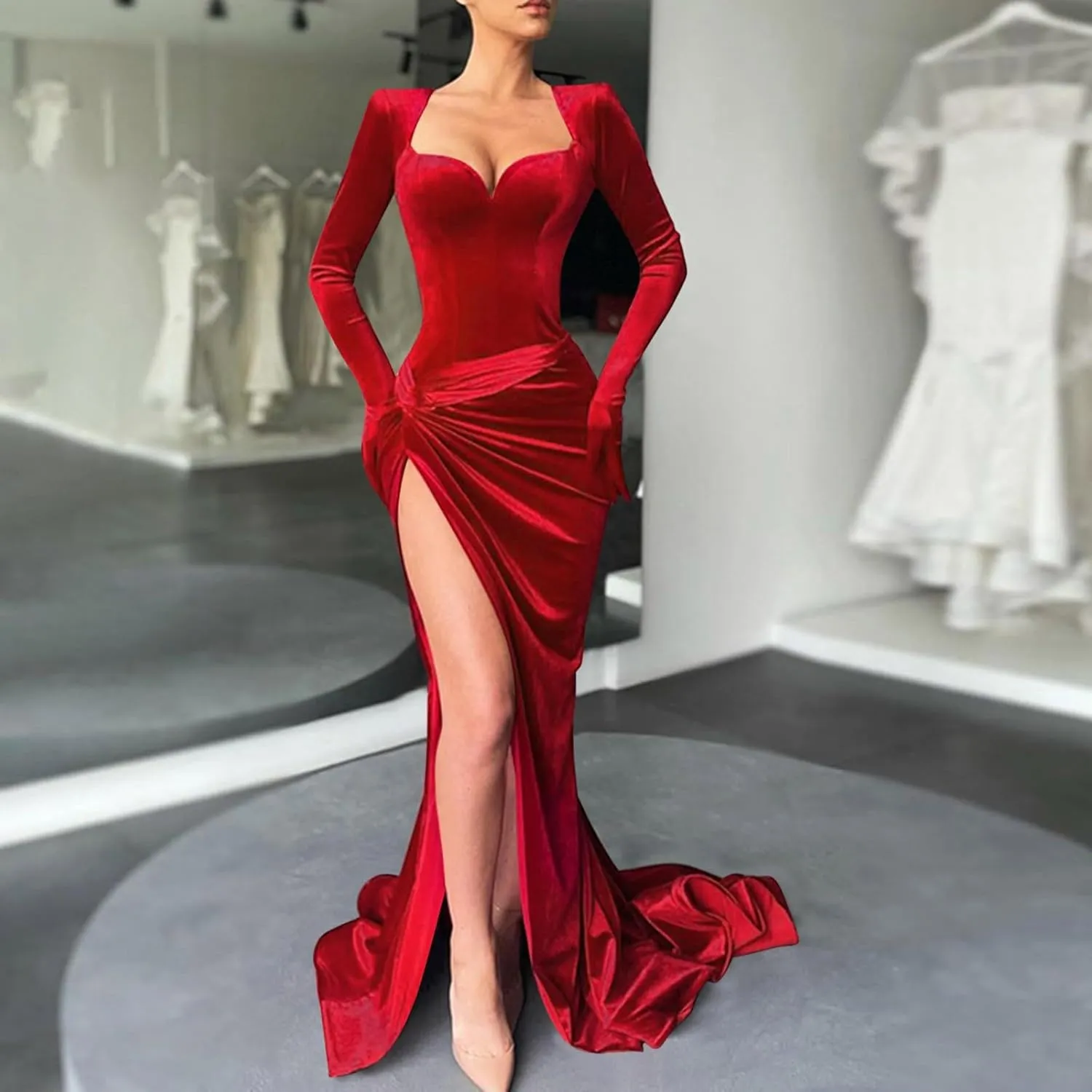 Women's Elegant Cocktail Dress Floor Length Ball Gown Long Sleeve Bodycon Evening Dress with Gloves Split Formal Dress