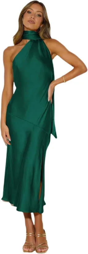 Womens Elegant Halter Tie Neck Satin Midi Dress Sexy Slit Backless Wedding Guest Dress Formal Cocktail Party Dress