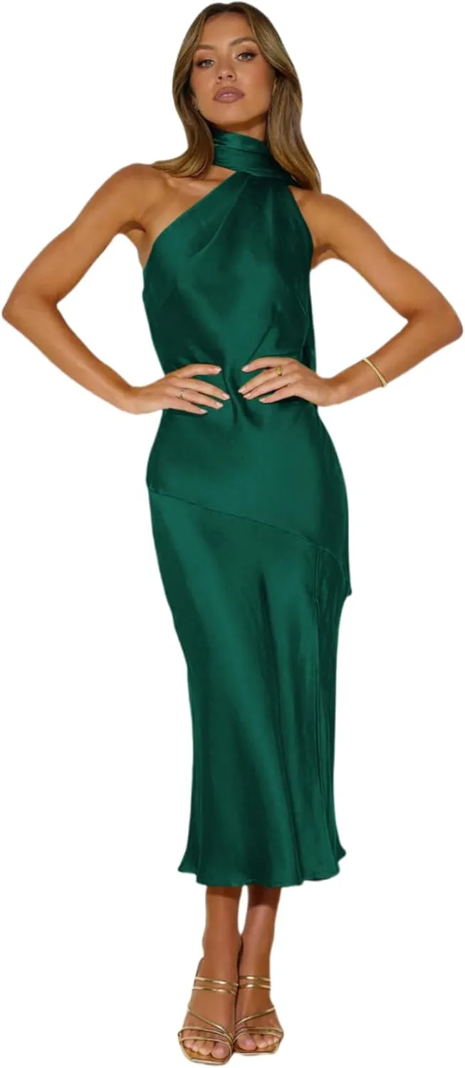 Womens Elegant Halter Tie Neck Satin Midi Dress Sexy Slit Backless Wedding Guest Dress Formal Cocktail Party Dress