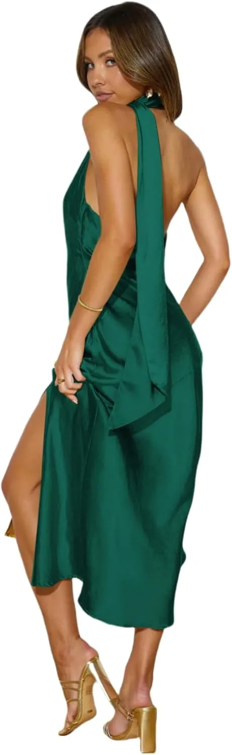 Womens Elegant Halter Tie Neck Satin Midi Dress Sexy Slit Backless Wedding Guest Dress Formal Cocktail Party Dress