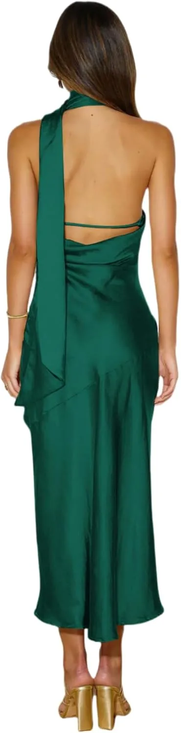 Womens Elegant Halter Tie Neck Satin Midi Dress Sexy Slit Backless Wedding Guest Dress Formal Cocktail Party Dress