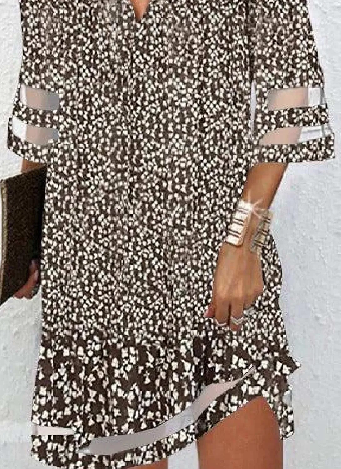 Women's Floral Print Cold Shoulder V Neck Shift Hem Dress 3/4 Sleeve Summer Casual Chic Party Sundress