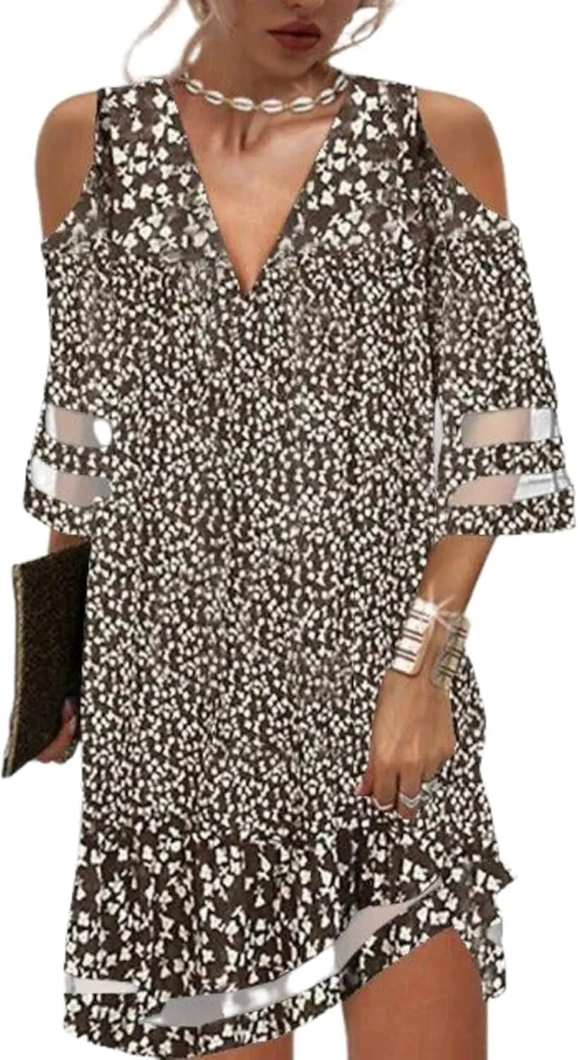 Women's Floral Print Cold Shoulder V Neck Shift Hem Dress 3/4 Sleeve Summer Casual Chic Party Sundress