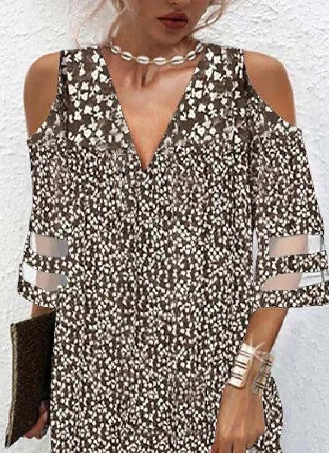 Women's Floral Print Cold Shoulder V Neck Shift Hem Dress 3/4 Sleeve Summer Casual Chic Party Sundress