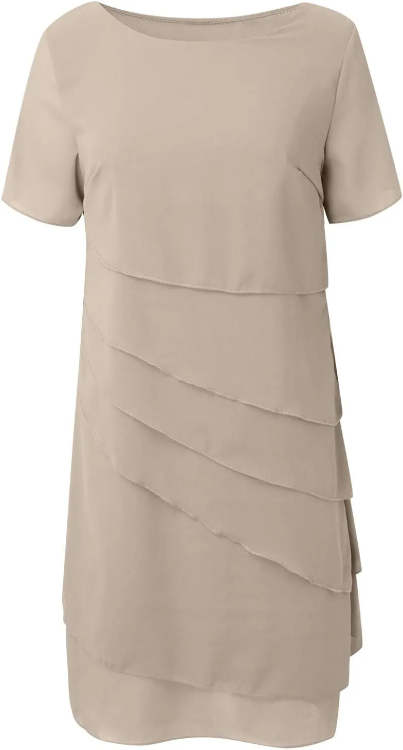Womens Flowy Chiffon Tiered Midi Dress Summer Elegant Short Sleeve Layered Cocktail Dresses Flutter Elegant Dresses