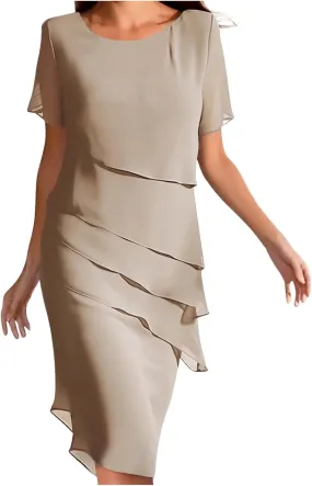 Womens Flowy Chiffon Tiered Midi Dress Summer Elegant Short Sleeve Layered Cocktail Dresses Flutter Elegant Dresses
