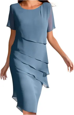 Womens Flowy Chiffon Tiered Midi Dress Summer Elegant Short Sleeve Layered Cocktail Dresses Flutter Elegant Dresses