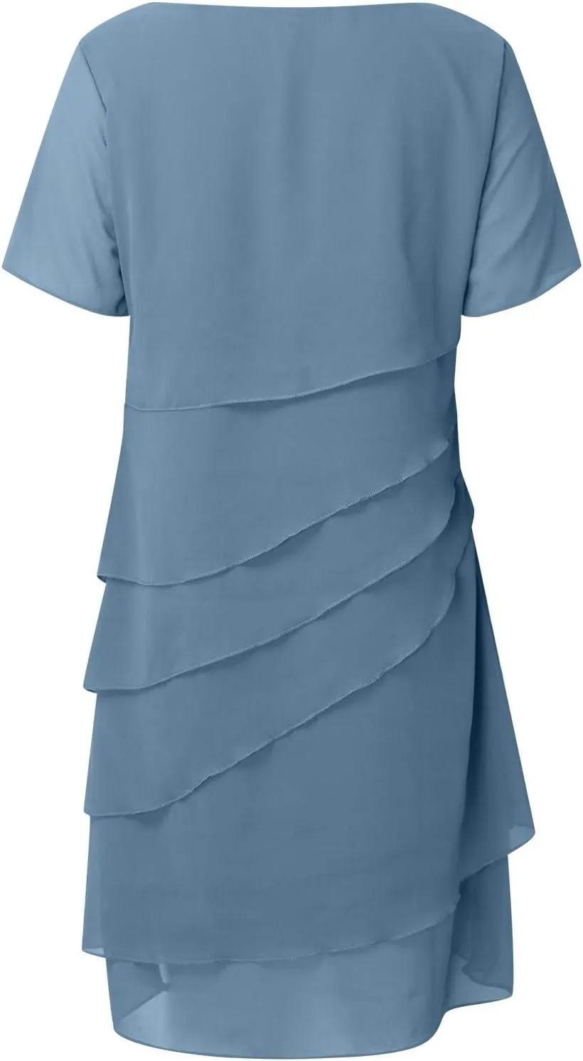 Womens Flowy Chiffon Tiered Midi Dress Summer Elegant Short Sleeve Layered Cocktail Dresses Flutter Elegant Dresses