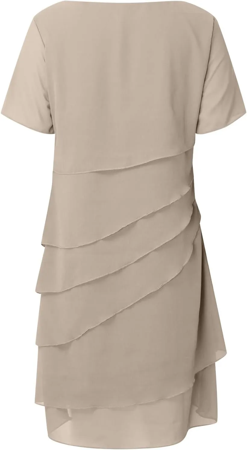 Womens Flowy Chiffon Tiered Midi Dress Summer Elegant Short Sleeve Layered Cocktail Dresses Flutter Elegant Dresses