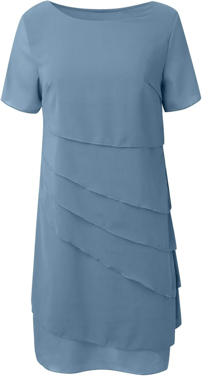 Womens Flowy Chiffon Tiered Midi Dress Summer Elegant Short Sleeve Layered Cocktail Dresses Flutter Elegant Dresses