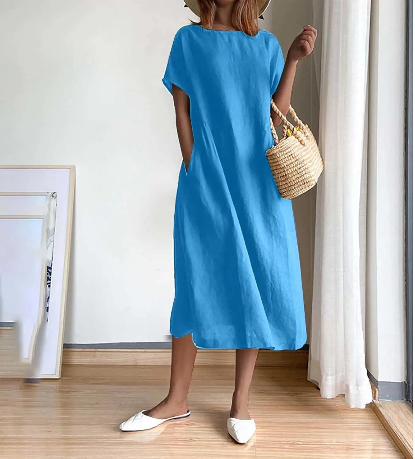 Women's Flowy Cotton Linen Dress Summer Beach Casual Loose Short Sleeve Round Neck Baggy Basic Solid Color Long Dress